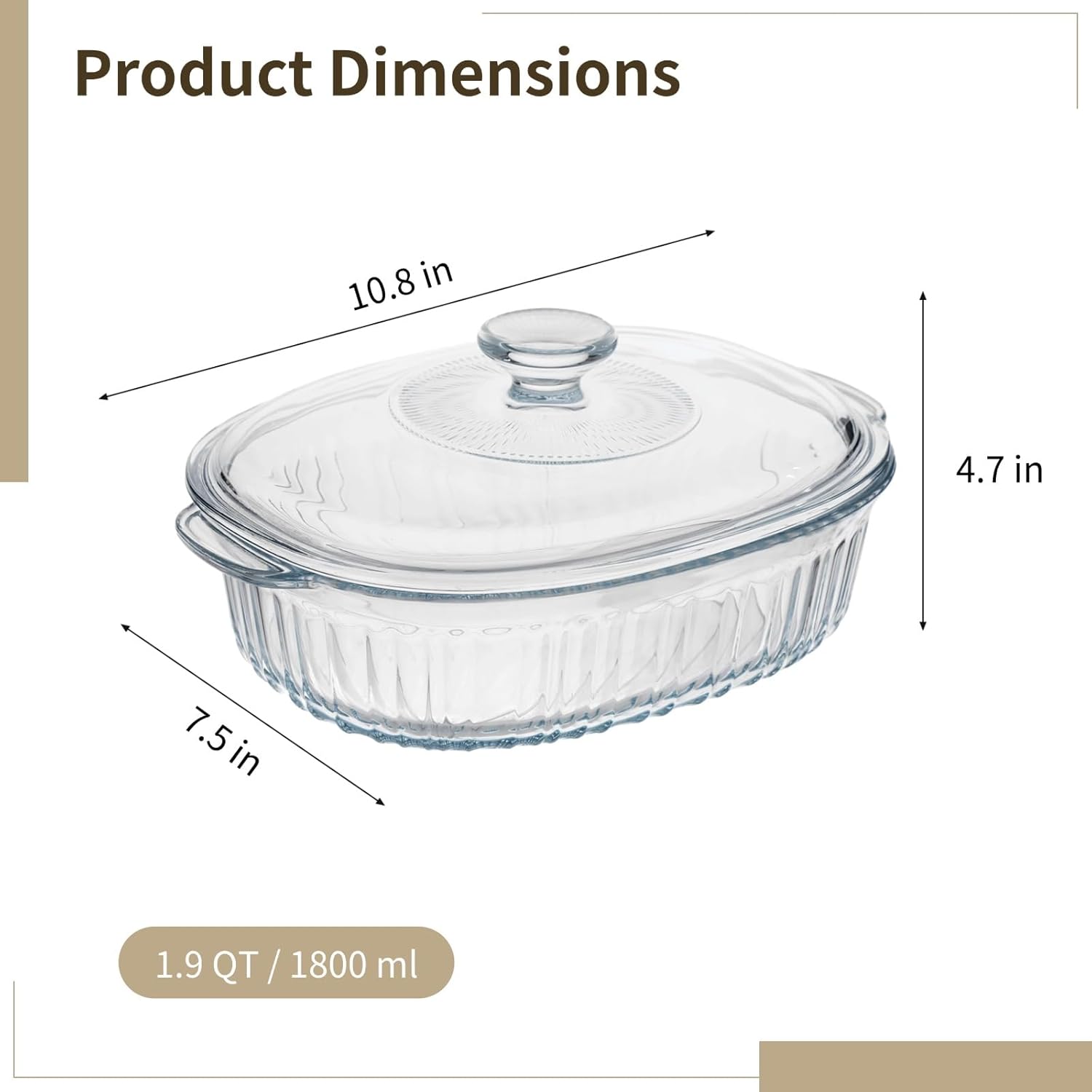 Skiennix 1.9 QT Oval Glass Casserole Dish - Clear Borosilicate, Oven & Fridge Safe, Easy-Clean Design