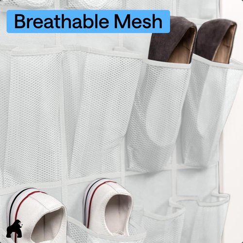 GORILLA GRIP Over The Door Shoe Organizer - 24 Extra Large Breathable Mesh Pockets | Space-Saving Storage Solution in White