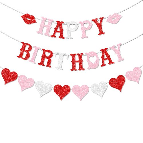 FHGG Glitter Valentines Birthday Decorations Banner Pre-Strung Red Glitter Heart Garland Happy for Galentine's Valentine' Birthday Party Decor NO DIY