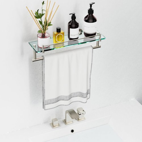 KOCOK Floating Tempered Glass Bathroom Shelf with Towel Bar - Brushed Nickel & Stainless Steel, Wall Mount 16 Inch