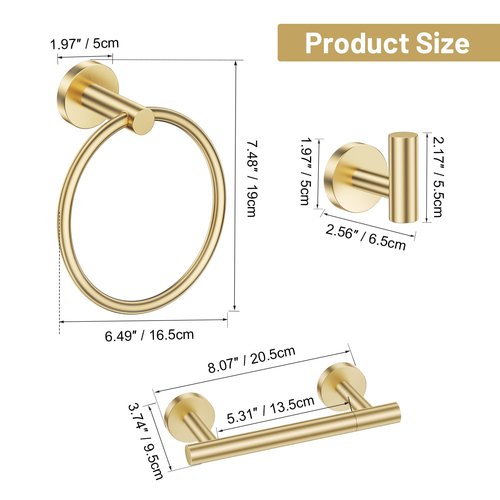 Lairuier Brushed Gold Towel Holder Set Include Double Bases Toilet Paper Holder,Towel Ring and 2 Towel Hooks Stainless Steel Wall Mounted Bathroom Hardware Accessories Set