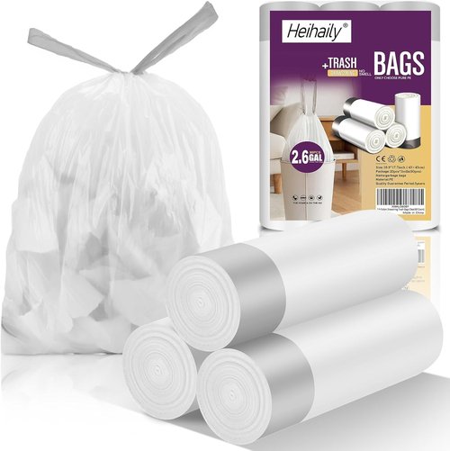 Heihaily Heavy Duty 2.6-Gallon Trash Bags - Leak-Proof Drawstring Kitchen Garbage Bags | 60 Count Clear