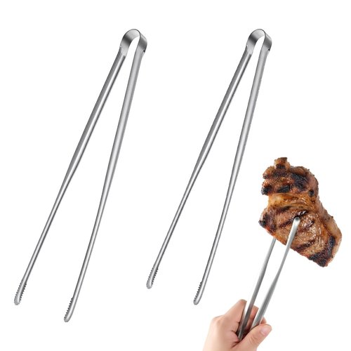 Non-Slip Tips Cooking Tongs 2 Set, One-Piece Stainless Steel Metal Tongs, Serrated Kitchen Tweezers Tong for Baking, Food Plating, BBQ(11.4" and 9.44")