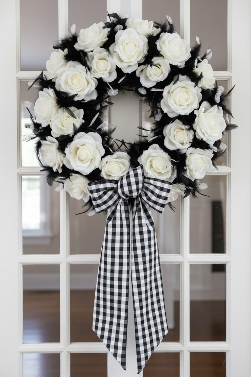 Regine Switzerland Black And White Plaid Wreath - Elegant Front Door Decoration For Halloween & Weddings