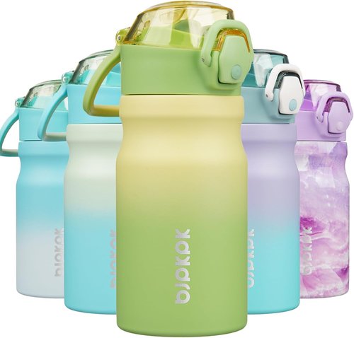 BJPKPK Insulated Water Bottle - 14oz Stainless Steel Flask with Straw, Leak-Proof Lid & Carry Handle | Lime
