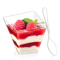 Zezzxu 4 oz Slanted Irregular Dessert Cups with Spoons, 50 Pack Mini Appetizer Cups Small Plastic Party Serving Cups for Ice Creams Mousses Puddings Parfaits Triffles