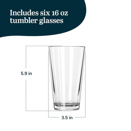 Libbey Bar Essentials Tumbler Glasses Set of 6, Modern Style 16 Oz Glass Set, Dishwasher Safe Tall Drinking Glasses Set for Wine, Beer, and Cocktail