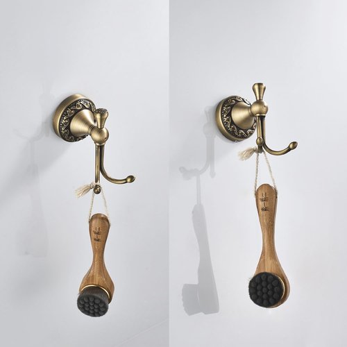 Flybath Wall Hook Antique Brass Exquisite Pattern Carving Double Hook Design Coat Towel Hooks for Bathroom Kitchen Organizer Wall Mounted, Brushed Bronze