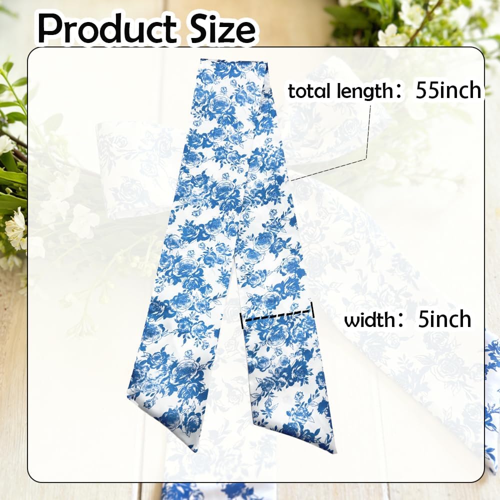 Tinsow Blue Floral Wreath Sash Bow - 2 Pack Chinoiserie Ribbon Scarf for Spring/Summer Door Decor