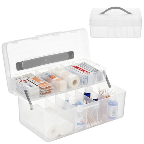 Clear Plastic Bandages Storage Organizer, 2 Tiers Bandage Storage with Lid and Handle, First Aid Box, Large Portable Medicine Container Holder Empty, Suitable for Home, Office, Travel, School, Office