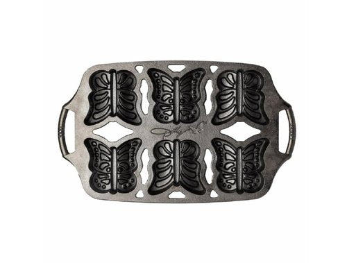 Lodge Dolly Parton Cast Iron Butterfly Cake Pan – Makes Six Mini Butterfly Cakes, Special Edition Bakeware, Durable, Naturally Seasoned, 14.18 x 8.5 x 1.37 In