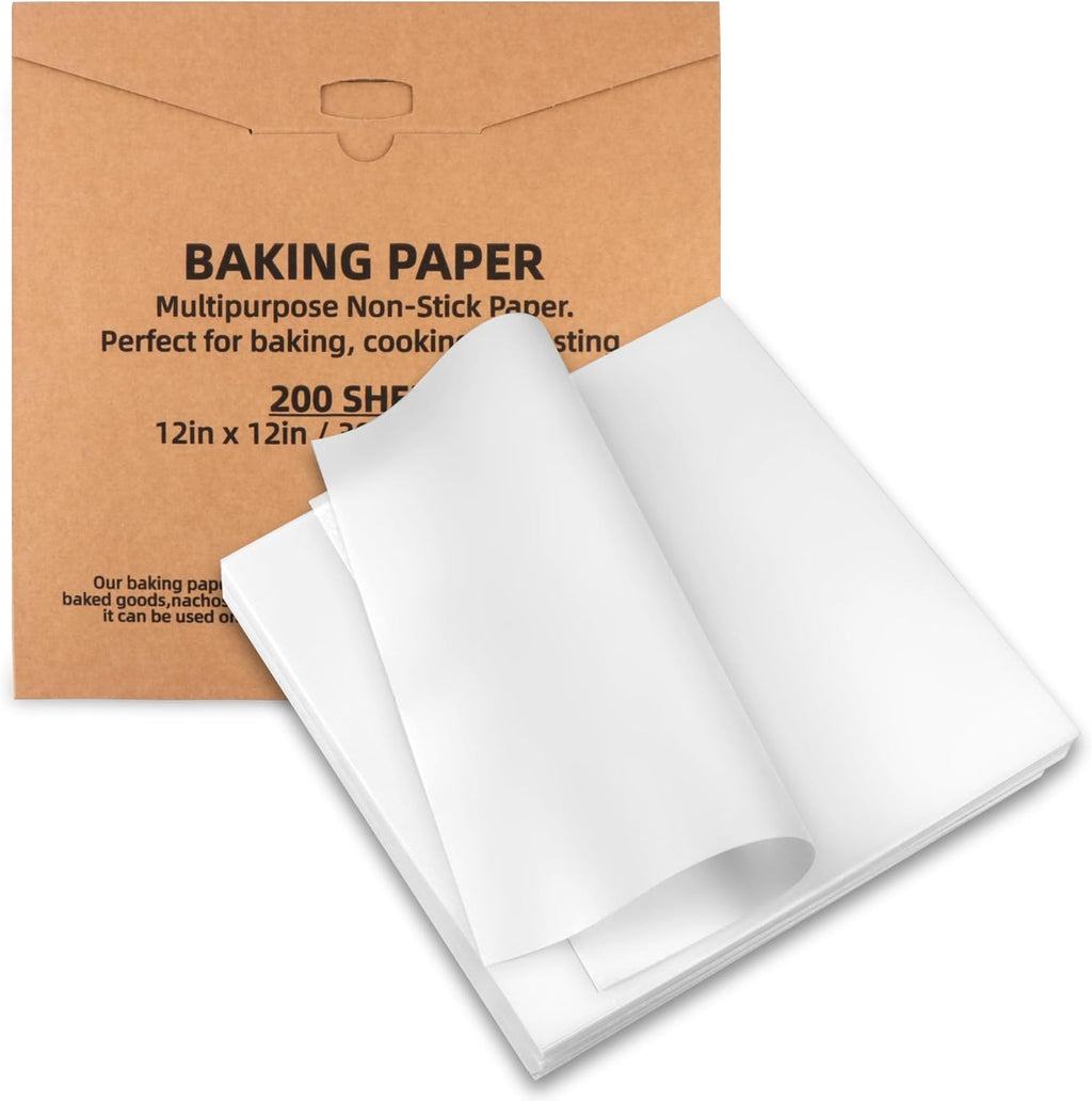 Skiennix Parchment Paper Sheets - 200 Pcs Food Grade Non-Stick Baking Liners | 12x12 Inch White