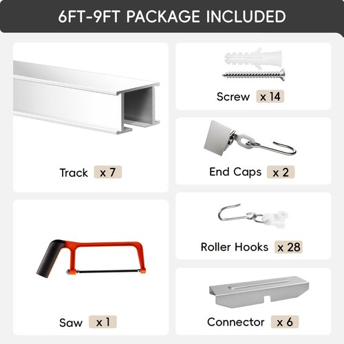 Ceiling Curtain Track, Curtain Track with Roller Hooks, 6ft - 9ft Ceiling Mounted Rail Set for Room Divider, White