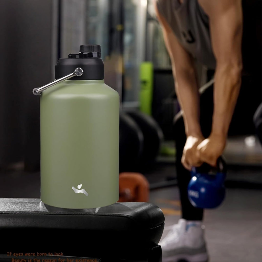 Skiennix 1 Gallon Insulated Water Bottle - 128 oz Double Wall Vacuum Stainless Steel | Camp Green with Carrying Pouch