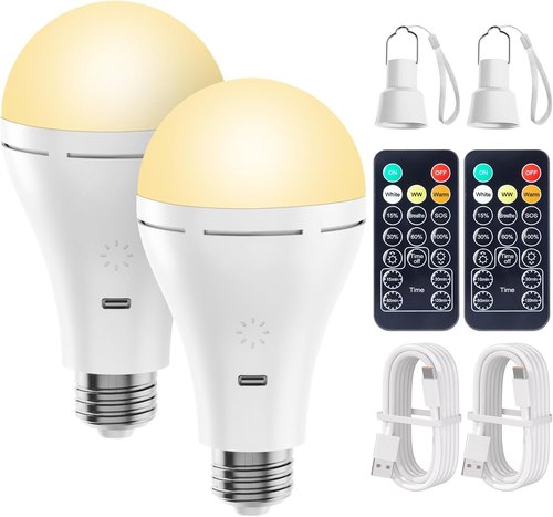 Brightown USB Rechargeable Light Bulb - Remote & Timer Emergency LED Bulbs for Home & Camping | 700LM, 6000K, 2 Pack
