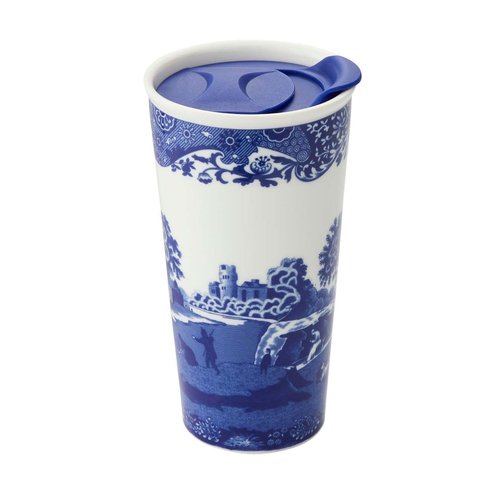 Spode Blue Italian Travel Mug | 12-Ounce Capacity | Made of Porcelain | Travel Tumbler for Coffee and Tea | Hot Water Cup | Dishwasher and Microwave Safe