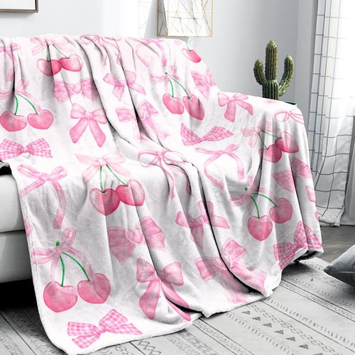 Reateforin Pink Cherry Bow Throw Blanket Back to School Decorations Soft Dorm Room Essentials Gifts for Students Girls Boys Lightweight Coquette Bow Cherry Aesthetic Blanket for Nursery Room 30"x40"