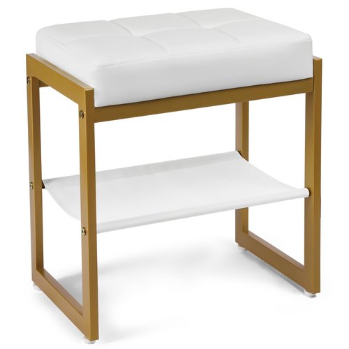 FrexCheng Vanity Stool, Faux Leather Vanity Chair Stool for Dressing Table, Modern Gold Metal Footstool Ottoman for Bedroom & Living Room, White & Gold