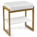 FrexCheng Vanity Stool, Faux Leather Vanity Chair Stool for Dressing Table, Modern Gold Metal Footstool Ottoman for Bedroom & Living Room, White & Gold