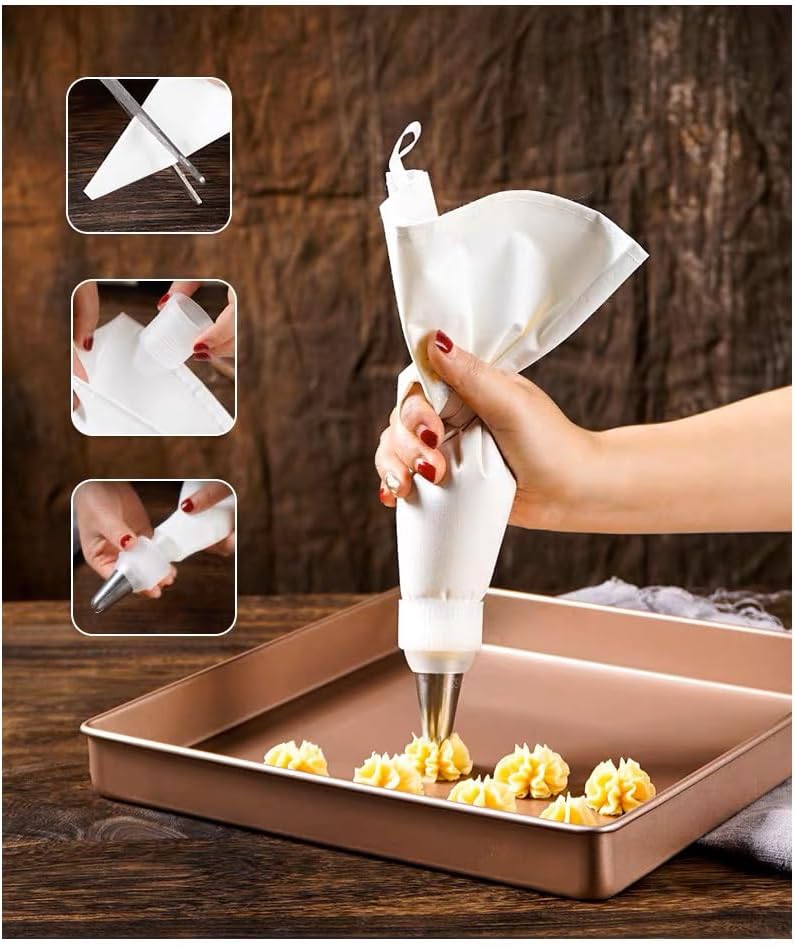 Skiennix Piping Bags and Tips Set - 14-Piece Cake Decorating Kit with Reusable Cotton Bags & Icing Tips