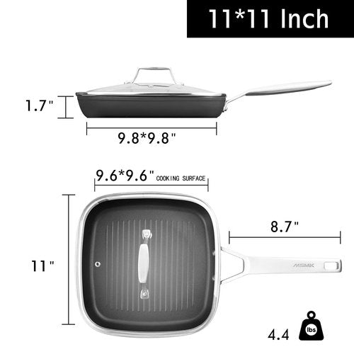 MsMk Square Grill Pan with lid, Stay-Cool Handle, Each Ridge Nonstick, Oven Safe Dishwasher Safe Induction Grill pans for Stove Tops, Square Frying Pan, Bacon Pan, Indoor Chicken Skillet, 11-Inch