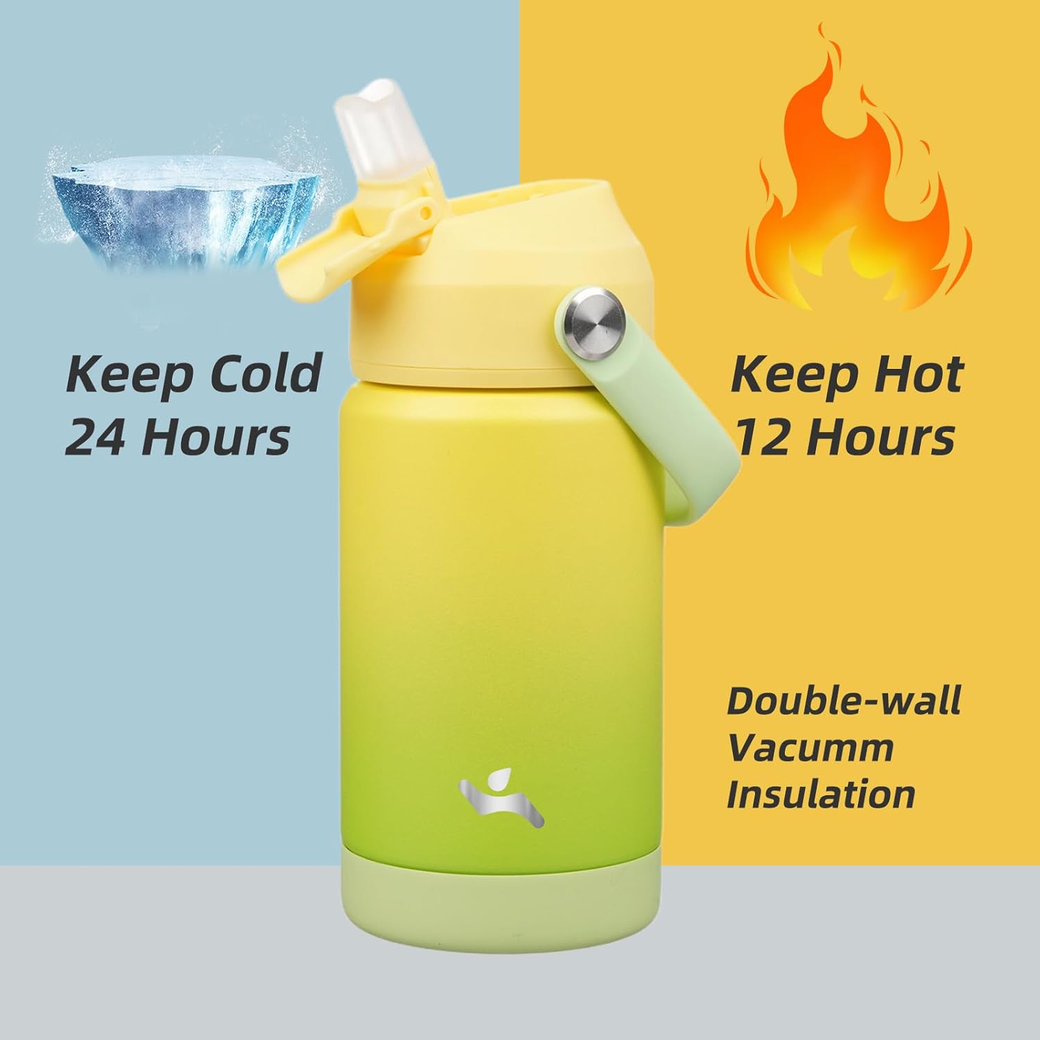 Skiennix Insulated Water Bottle - 12 Oz Stainless Steel with Straw Lid & Silicone Handle | Lime