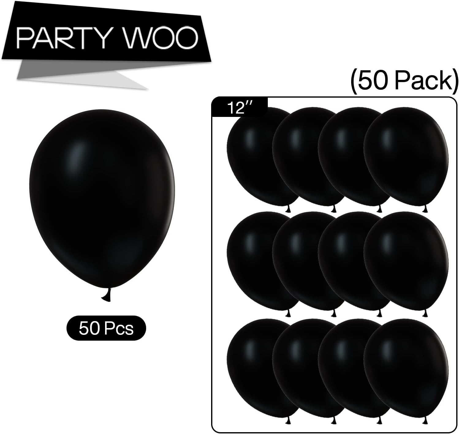 PartyWoo Black Balloons - 50 Pcs 12 Inch Matte Latex Helium Balloons for Parties & Events