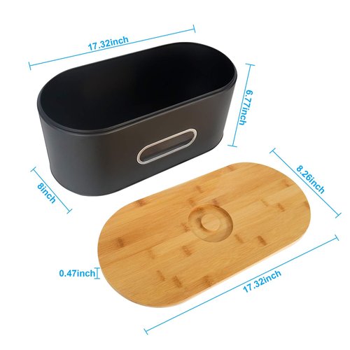 SOTECH Extra Large Bread Box Metal Bread Bin with Bamboo Lid&Window Modern Food Storage Container for Kitchen Counter Kitchen Decor Organizer Farmhouse Black (Black box with 3jars)