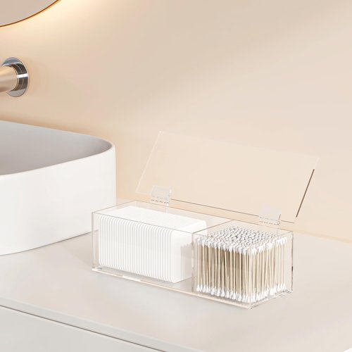 JHJFRAWY Clear Acrylic Qtip Holder for Clean Skin Club Clean² Pads Clean with Flip-Top Lid 2-Grid Canister Cotton Pad and Swab Dispenser Cotton Round Organizer for Bathroom Vanity Countertop