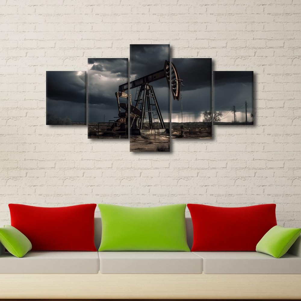 TUMOVO Wall Art for Living Room 5 Panel Industry Drill Platform Crude Oil Production From the Ground Posters and Prints for Home Hotel Office Wall Decorations, Ready to Hang, 60" Wx32 H