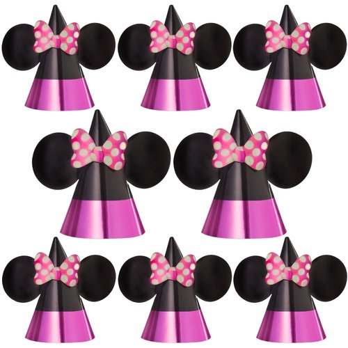 Minnie Mouse Forever Pink & Black Cone Hats - 7.25" x 6.5" (8 Pcs) - Vibrant Foil & Paper Party Accessories for Kids Themed-Parties & Events