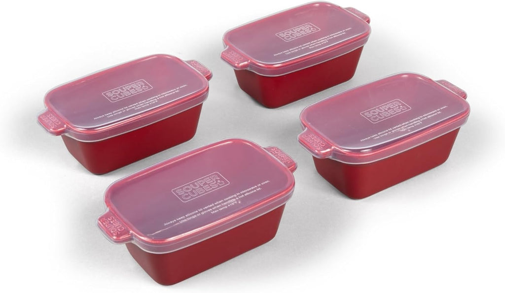 Souper Cubes Stoneware - Small 5" x 3" Ceramic Baking Dish with Silicone Covers | Set of 4 in Cranberry for Perfect Single Serve Portions