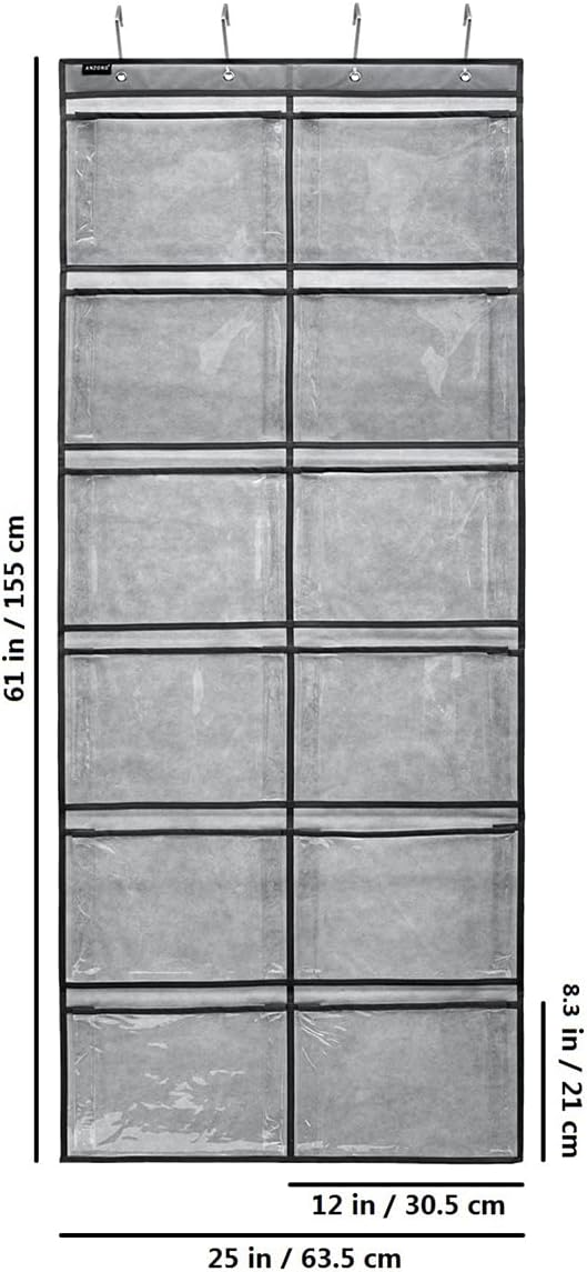 Skiennix Extra Large Shoe Organizer - 12 Clear Pockets for Bedroom & Bathroom Storage | Grey
