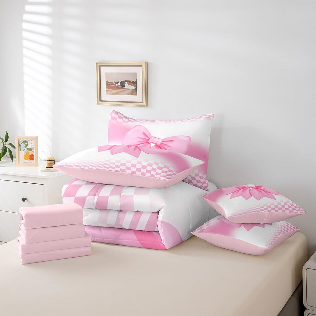 Erosebridal Pink Bow Comforter Set 7 Piece Bed in A Bag Twin,Princess Bowknot Coquette Bedding Sets White and Pink Plaid Bows Comforter and Sheets for Cute Girls Women Dreamy Kawaii Room Decor