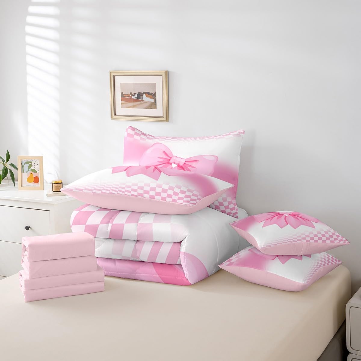 Erosebridal Pink Bow Comforter Set 7 Piece Bed in A Bag Twin,Princess Bowknot Coquette Bedding Sets White and Pink Plaid Bows Comforter and Sheets for Cute Girls Women Dreamy Kawaii Room Decor