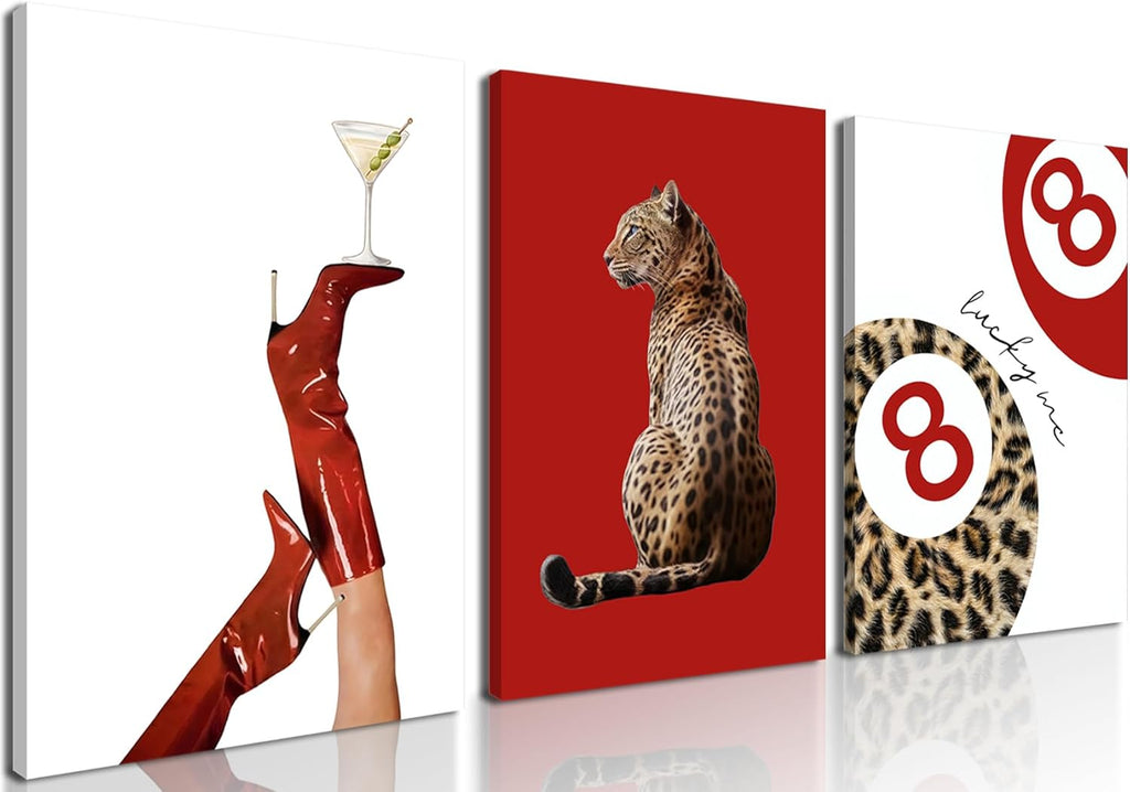 Skiennix Leopard Canvas Wall Art Set of 3 - Red Cheetah High Heel & Lucky 8 Ball Prints | 16x24 Inch Framed Decor for Girls' Bedroom