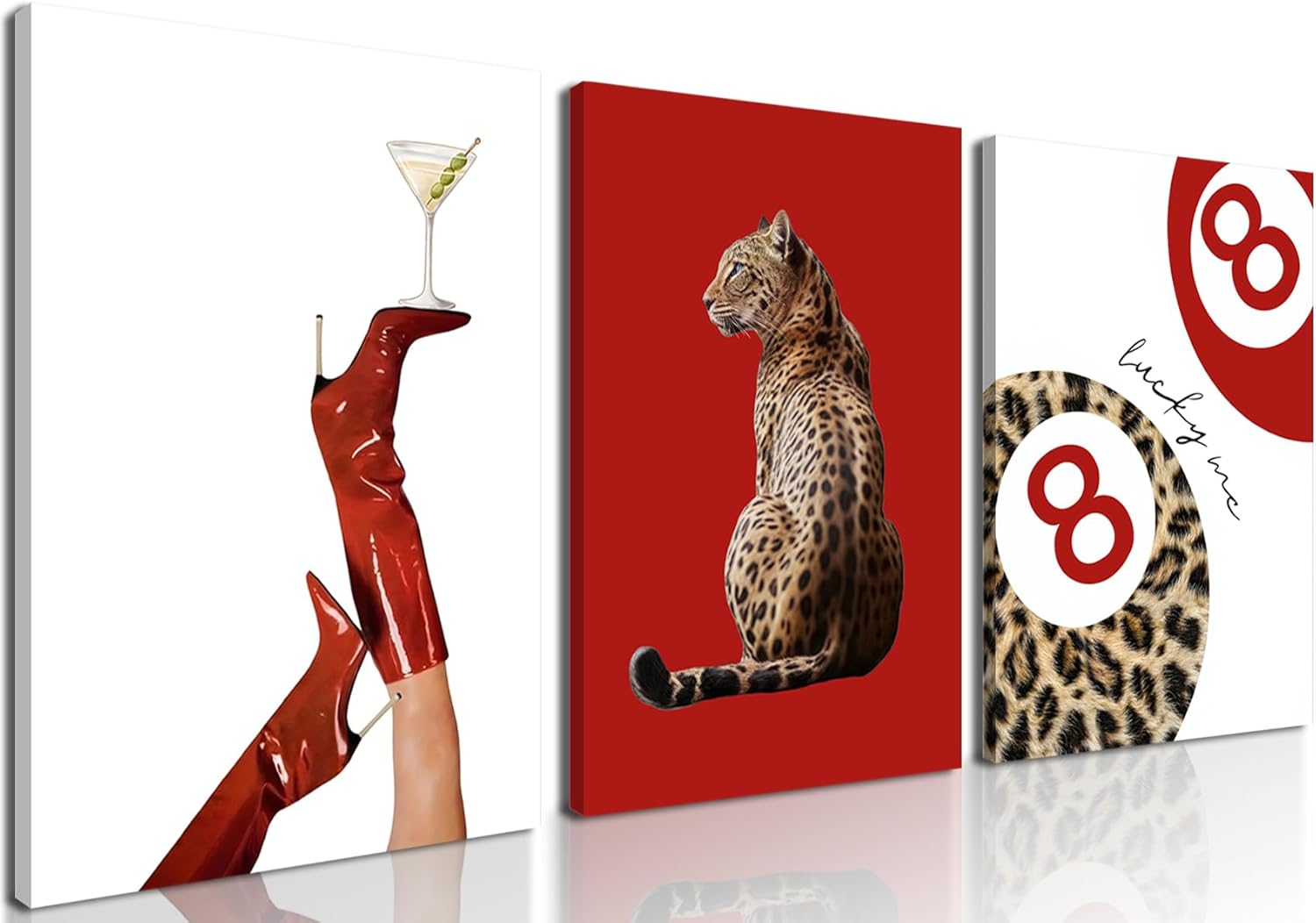 Skiennix Leopard Canvas Wall Art Set of 3 - Red Cheetah High Heel & Lucky 8 Ball Prints | 16x24 Inch Framed Decor for Girls' Bedroom
