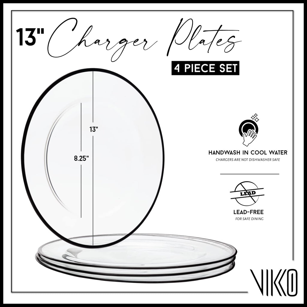 Vikko Glass Charger, 13 Inch Clear Glass Dinner Plate Charger with Black Rim, Set of 4 Elegant Place Setting Chargers