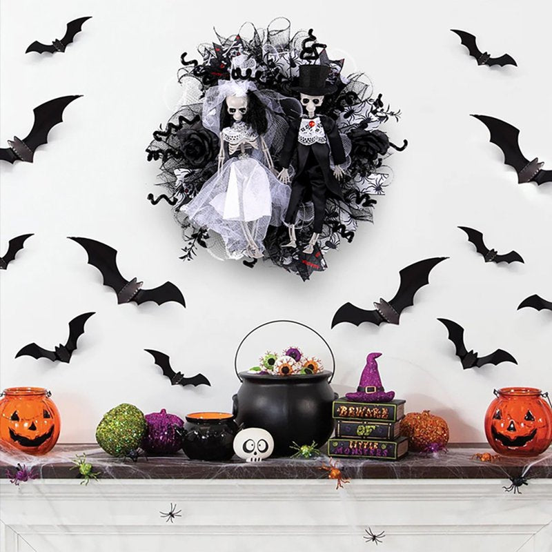 Halloween Creepy Wreath for Front Door 16 Inch Skeleton Bride and Groom Decor