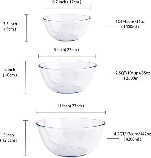Homwin Glass Mixing Bowl Set - 3-Piece High Borosilicate Bowls for Baking & Serving | Microwave & Dishwasher Safe