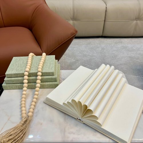 Linen Covered Decorative Books 4 Pieces, Neutral Home Decor Coffee Table Books with Wooden Beaded Tassel, Stacked Books for Rustic Farmhouse Modern, Boho, Bookshelf, Fireplace Mantel Décor, Sage