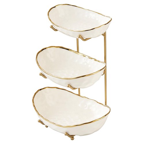 YYW 3 Tier Fruit Bowl for Kitchen Counter, White Ceramic Fruit Basket for Countertop, Home Fruit Stand with Metal Holder, Vegetable Bowl Snacks Nuts Bread Candy Storage (Gold 3-layer)