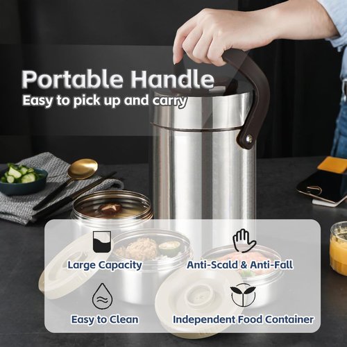 Vacuum Insulated Food Container Set with 3 Stackable Compartments - 67oz Adults Thermal Lunch Box, Leak-Proof Stainless Steel Wide Mouth Thermal Food Jar for Hot Food, Office & Outdoor