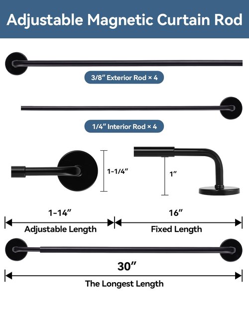 Ruiony 2 Pack Magnetic Curtain Rod for Metal Doors, French Door Curtain Rods Adjustable from 17 to 30 Inch, 3/8 Inch Diameter, Magnetic Cafe Curtains Rod, No Tool and Easy Installation, Black