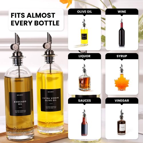 Molimoli Pack of 4 Premium Liquor Pour Spout Made of Stainless Steel with Automatic Anti-Oxidation Mechanism, Bottle Pourers for Alcohol and Wine, Olive Oil Dispenser Spout, Oil Bottle Spout, Black