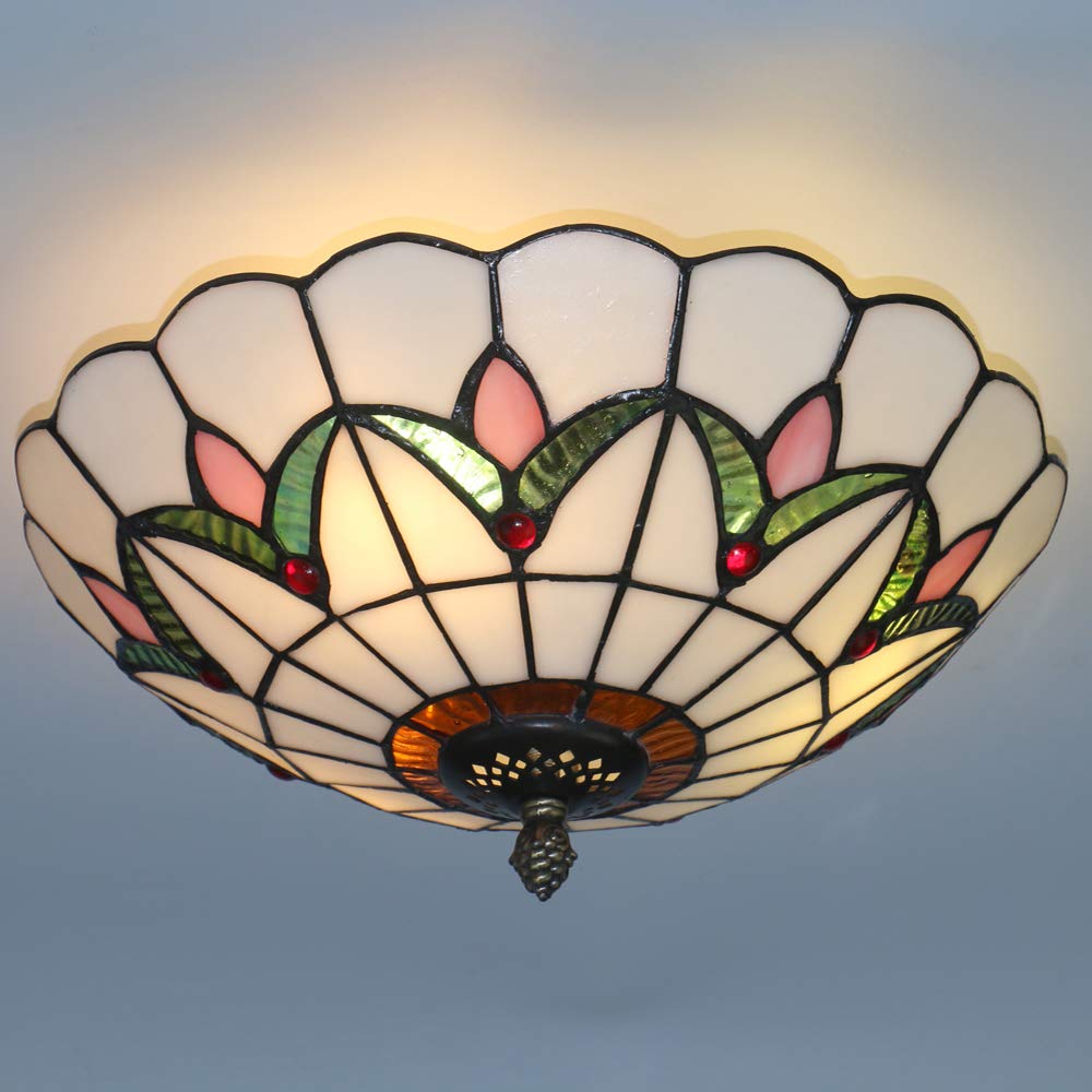 Skyweel Tiffany Style Ceiling Light Vintage Stained Glass Flush Mount Ceiling Lighting Fixtures Lamps (12 Inch W)