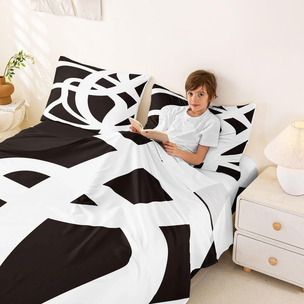 jejeloiu White and Black Bed Sheets Set Queen Size Geometric Sheet Set for Kids Stripe Line Sheets with Deep Pocket Fitted Sheet Women Men Teens Ultra Soft Abstract Modern ArtBedding