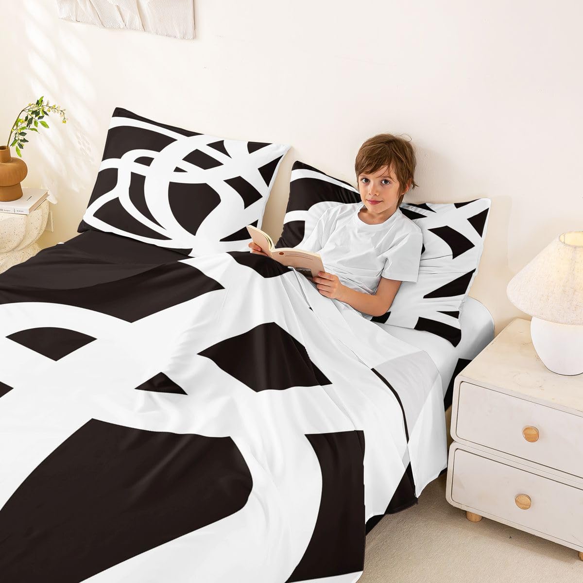 jejeloiu White and Black Bed Sheets Set Queen Size Geometric Sheet Set for Kids Stripe Line Sheets with Deep Pocket Fitted Sheet Women Men Teens Ultra Soft Abstract Modern ArtBedding