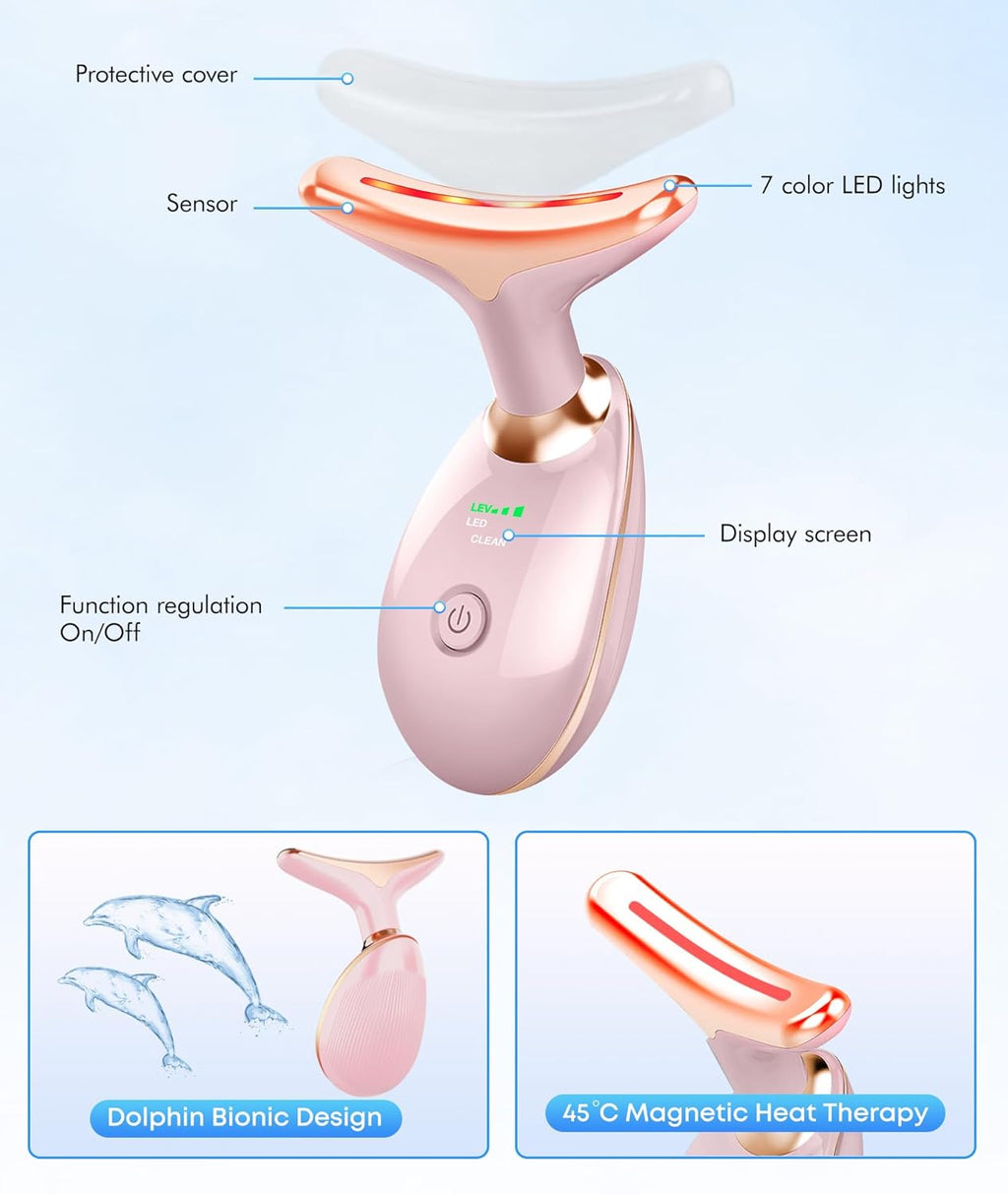 Skiennix Red Light Therapy Face Massager - 7 Color Vibrating Tool for Wrinkles & Double Chin | Glossy Pink