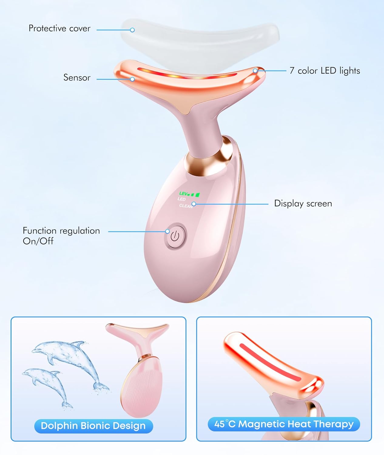 Skiennix Red Light Therapy Face Massager - 7 Color Vibrating Tool for Wrinkles & Double Chin | Glossy Pink
